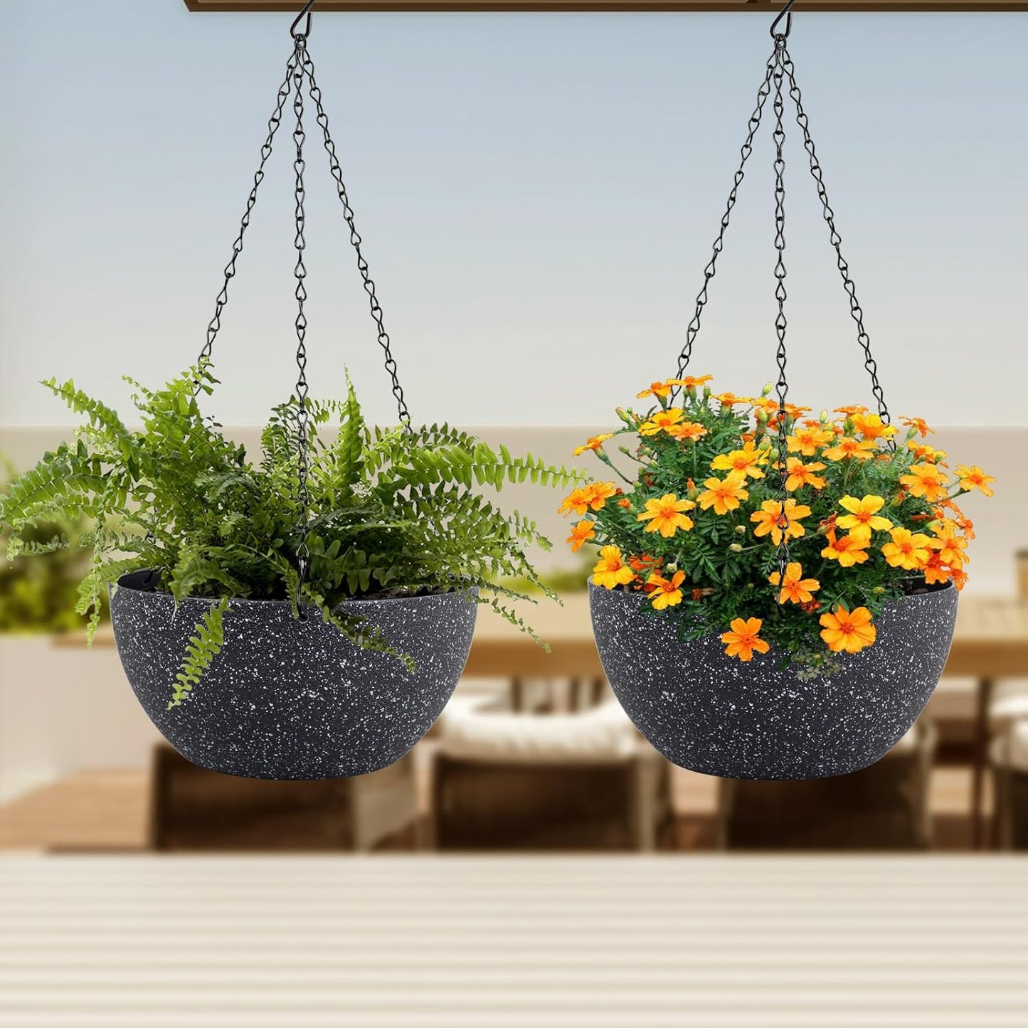 12 inch Large Hanging Planters for Indoor Outdoor Plants, 2 Pack Hanging Flower Pots with Drainage Holes and Chain for Garden Porch, Plastic Hanging Baskets for House Plants, Speckled Black