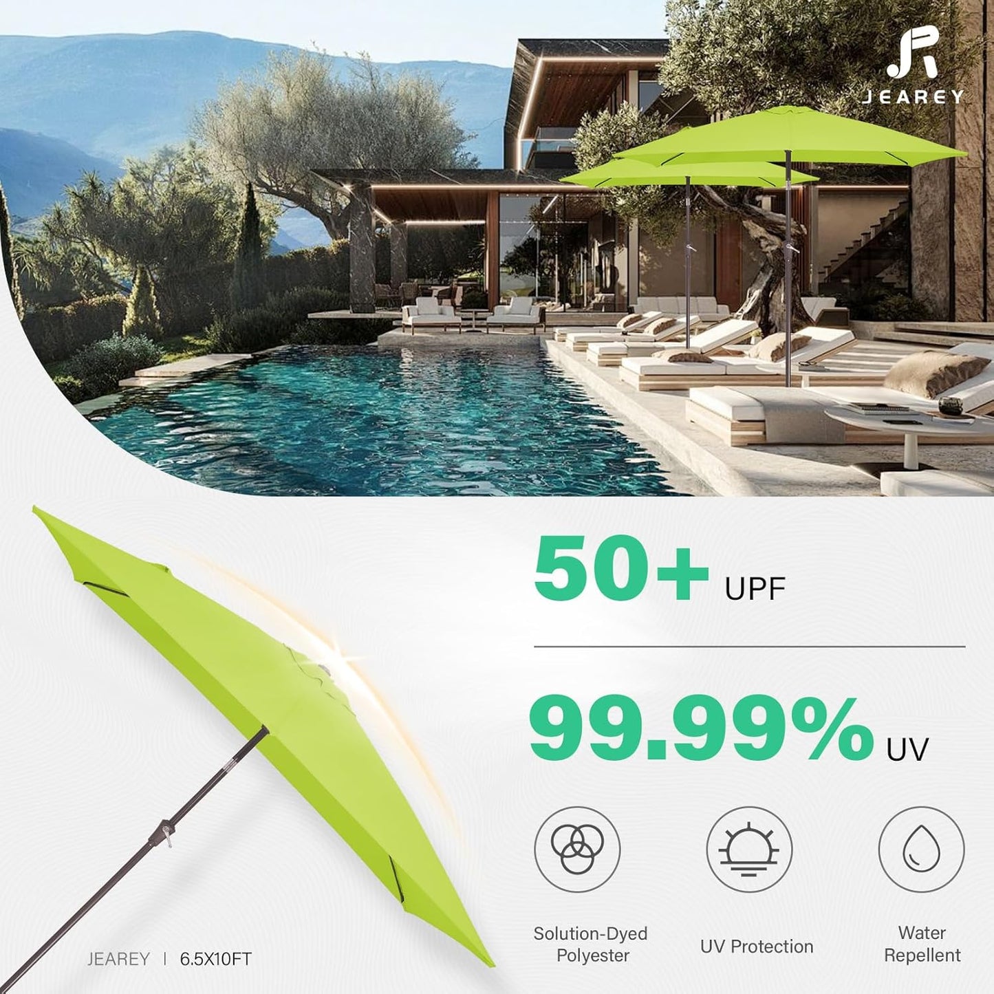 JEAREY 6.5x10 ft Rectangular Patio Umbrellas Outdoor Market Umbrella with Push Button Tilt and Crank, Rectangle Table Umbrella 6 Sturdy Ribs UV Protection for Pool Garden Backyard Deck, Apple Green