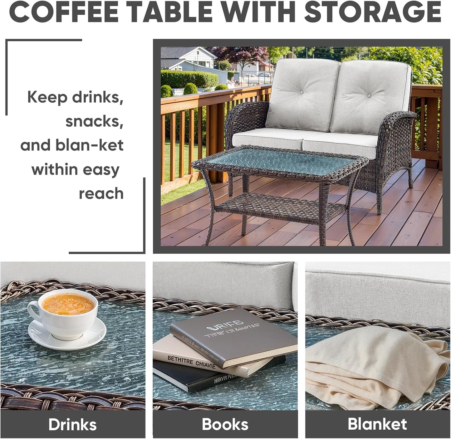 HUMMUH Outdoor Loveseat Sofa 2-Seat PE Wicker Outdoor Couch with Coffee Table, Deep Seat High Back Patio Furniture for Patio, Garden, Porch, Deck (Beige)