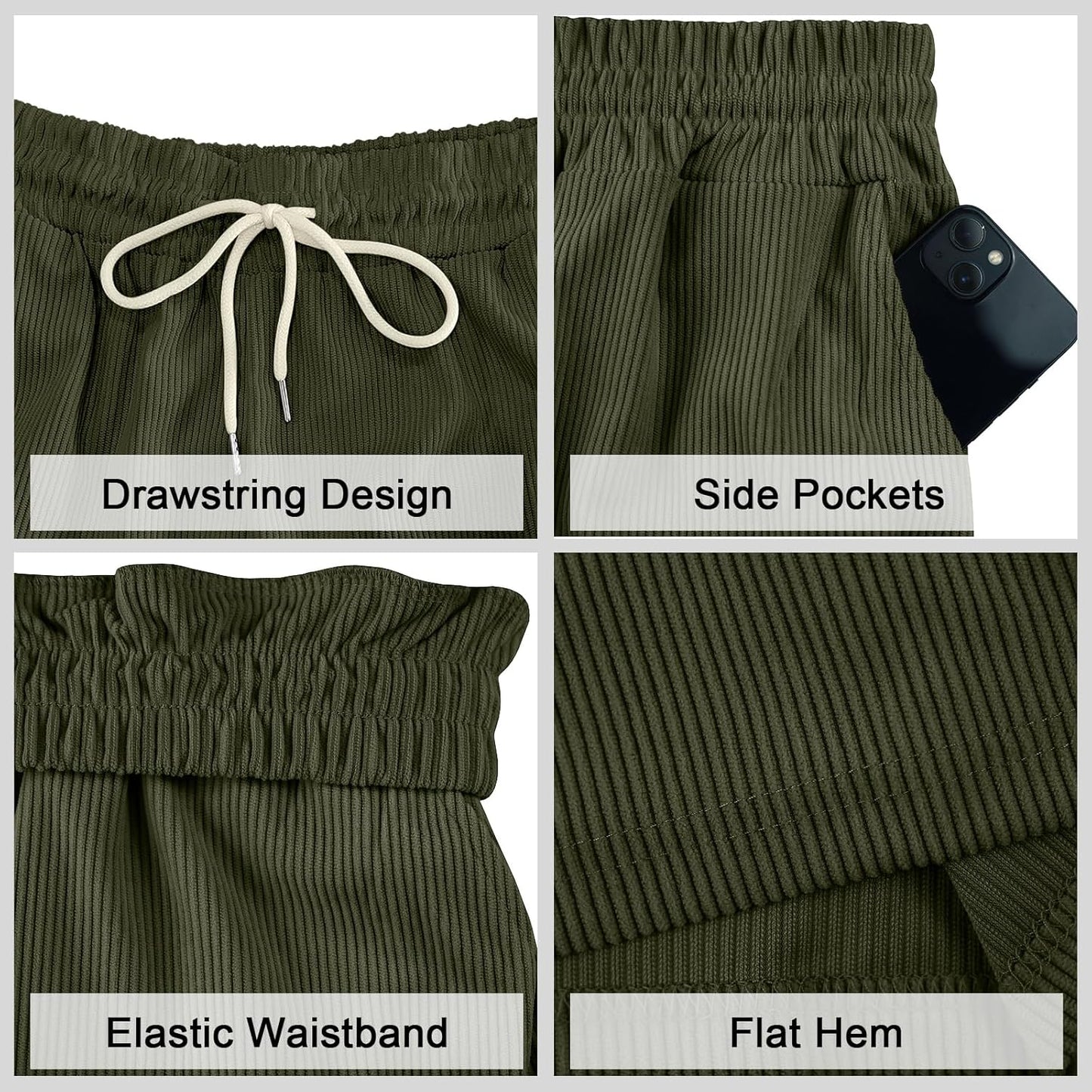 Mens Cargo Shorts Casual Drawstring Elastic Waist Corduroy Summer Beach Shorts with Pockets