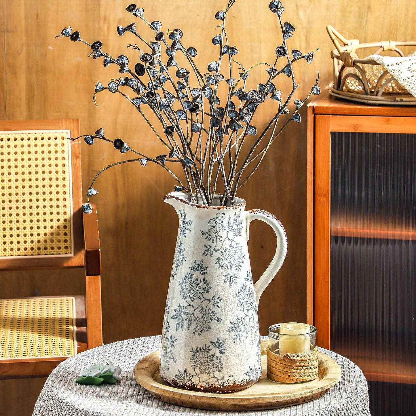 Enra Blue and White vase with Handle,12.2 inch Ceramic Vintage Decorative Flower Pitcher vase, Chinoiserie Floral Vase,Large Rustic Vases for Home Decors, Living Room, Bookshelf, Office