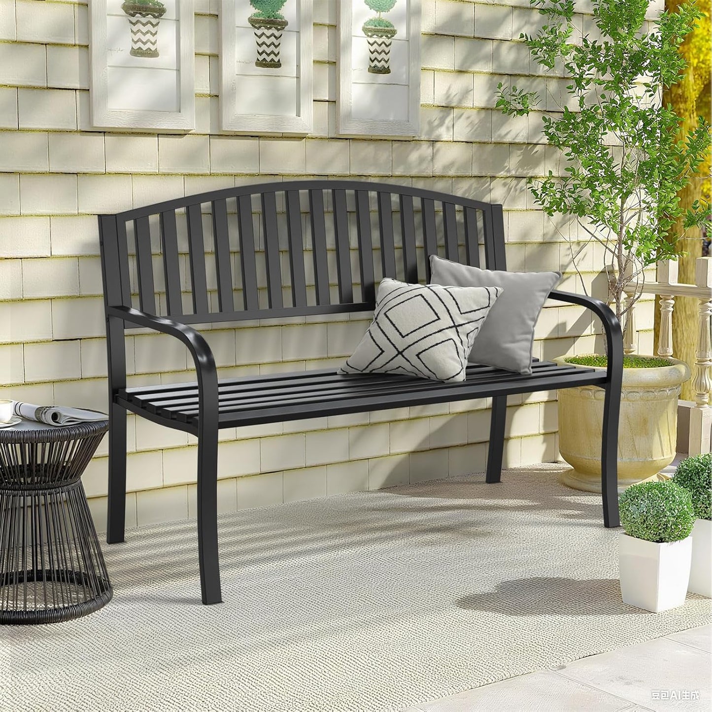 50" Heavy Duty Outdoor Bench, Wrought Iron Weatherproof Garden Bench Black Metal Patio Bench for Park Proch Yard 880lbs