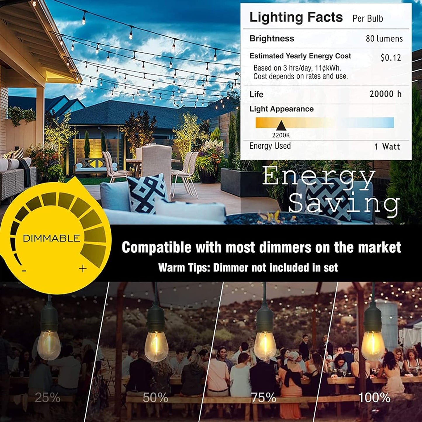 Achin Outdoor String Lights 96FT(48FT*2) Waterproof IP65 LED Patio Lights with 30+2 S14 Edison Bulbs Warm 2200K Hanging Lights Outside Shatterproof String Lights for Outside Bistro, Market, Yard