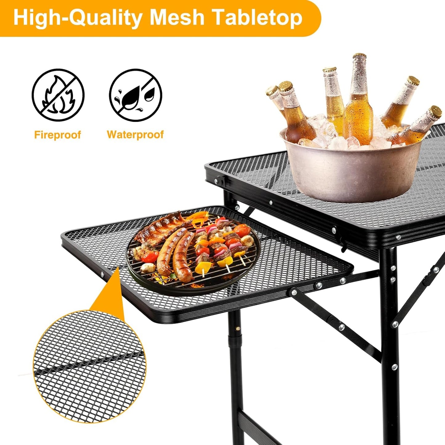 Grill Table Folding Table with 2 Wing Panels 4FT+1.77 FT with Mesh Desktop 3 Height Adjustable Portable Grill for Outdoor Indoor Beach BBQ Picnic Travel RV Black 69.3 x 23.62 inch