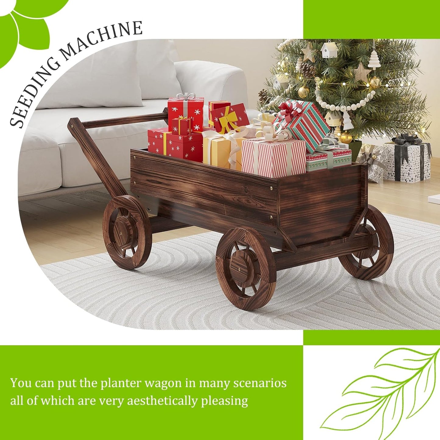 Wooden Flower Cart with Wheels Wooden Wagon Planter Outdoor Garden Planter Decor Planter for Patio Balcony Trolley Decoration Succulent Flower Pot, Indoor Backyard Balcon Decor.(L)