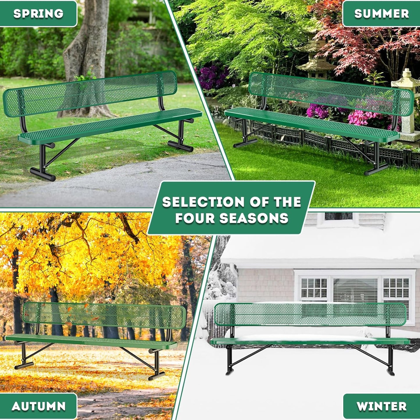 8Ft Heavy Duty Park Bench with Back Portable Frame, Outdoor Steel Bench with Backrest, Expanded Metal Mesh Bench for Lawn, Park, Deck, Garden, Patio, Porch, Green