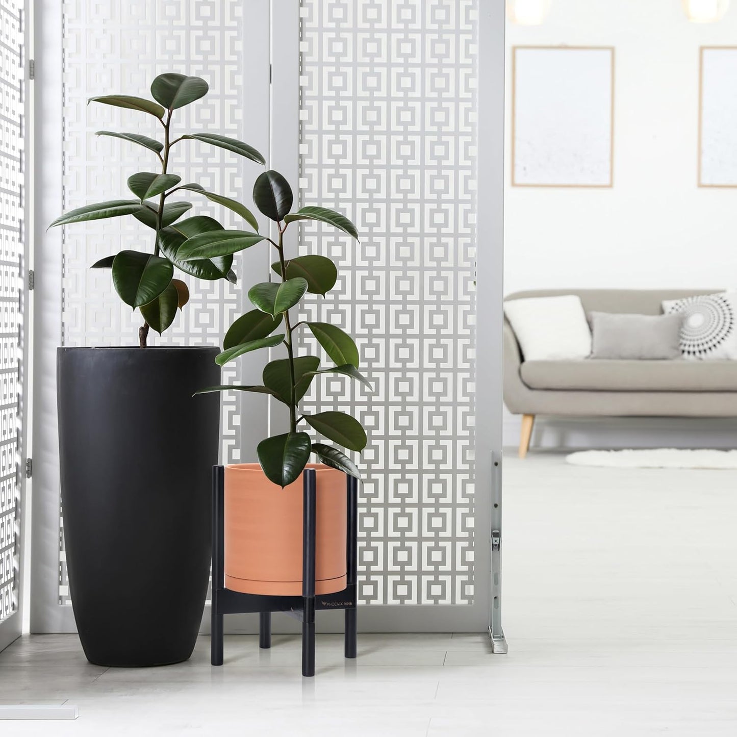 D'vine Dev Terracotta Planter with Ebony Stand - 10 Inch Modern Round Flower Pot with Wood Planter Holder, Terracotta, 55-B-L-5