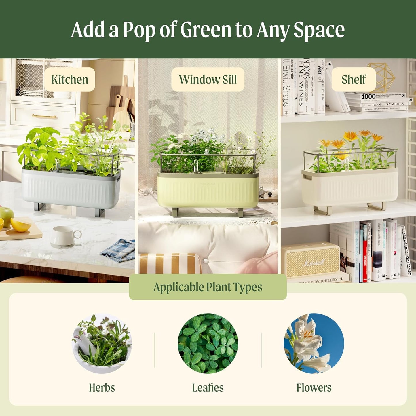 Vego garden Herb Indoor Plant Box, Self Watering Planters Pots for Indoor Plants with Trellis for Kitchen Window Sill or Countertop Plants Cage - Sage Green