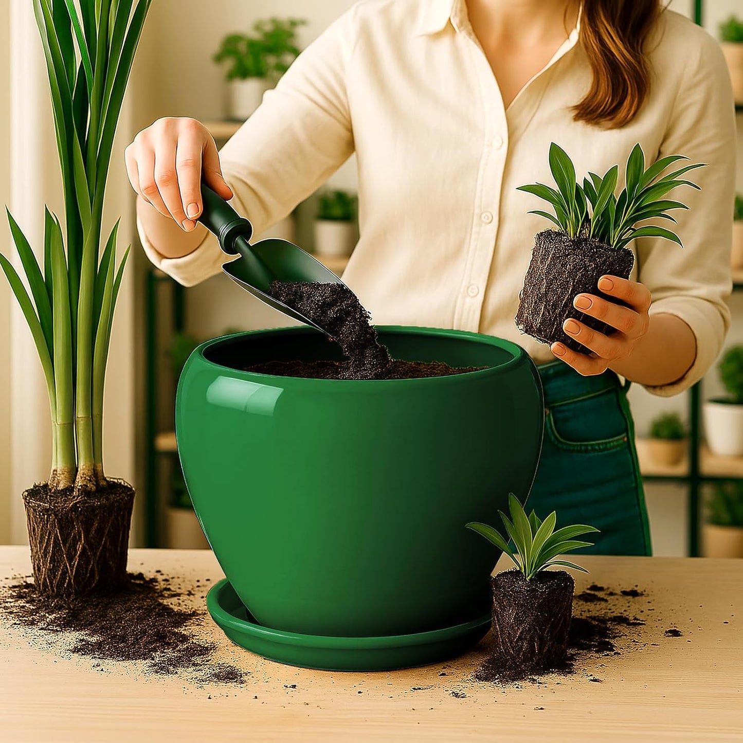 Deep Dream 10 Inch Plant Pot- Ceramic Planter Pot Round Plant Pots for Indoor Plants Outdoor Large Flower Pot with Drainage Holes & Trays, Green