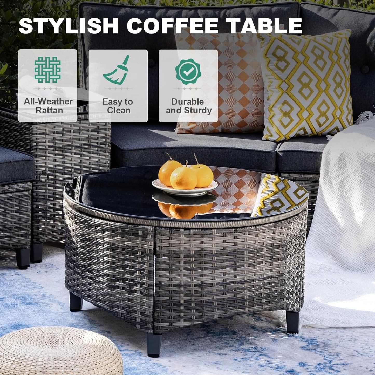 11 Piece Outdoor Patio Furniture Set, Half-Moon Curved Sectional Sofa Rattan Conversation Set with Wood Armrests, Coffee Table & 2 Side Table(Grey)