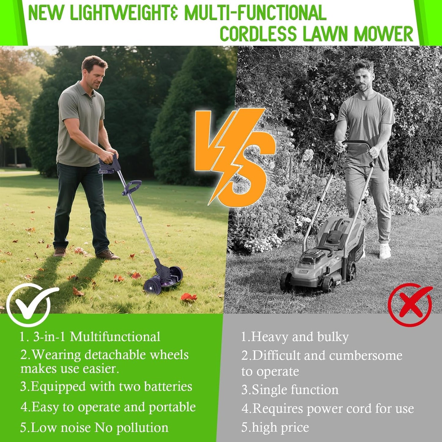 Weed Wacker Cordless Adjustable Weed Eaters 3 in 1 Electric String Trimmer Lawn with Two Battery with Charger Comes with Multiple Blades for Yard,Green,Garden(Black)