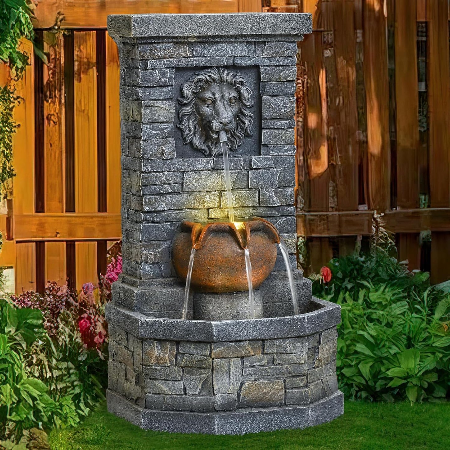 42'' Outdoor Garden Floor-Standing Water Fountain Lion Head Stone with Lights Outdoor Waterfall for Patio, Backyard, Deck, Porch and Home Art Decor