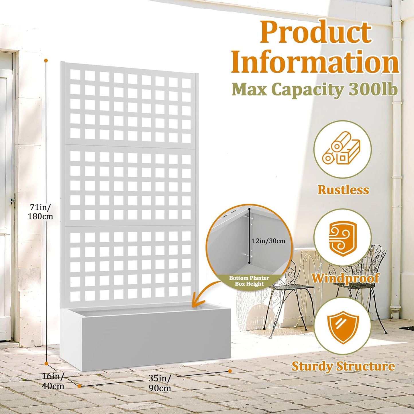 Metal Planter Box with Trellis, Heavy-Duty Raised Garden Bed for Climbing Plants, Drainage Hole, Outdoor Planter Box with Privacy Screen,35''L×16''W×71''H