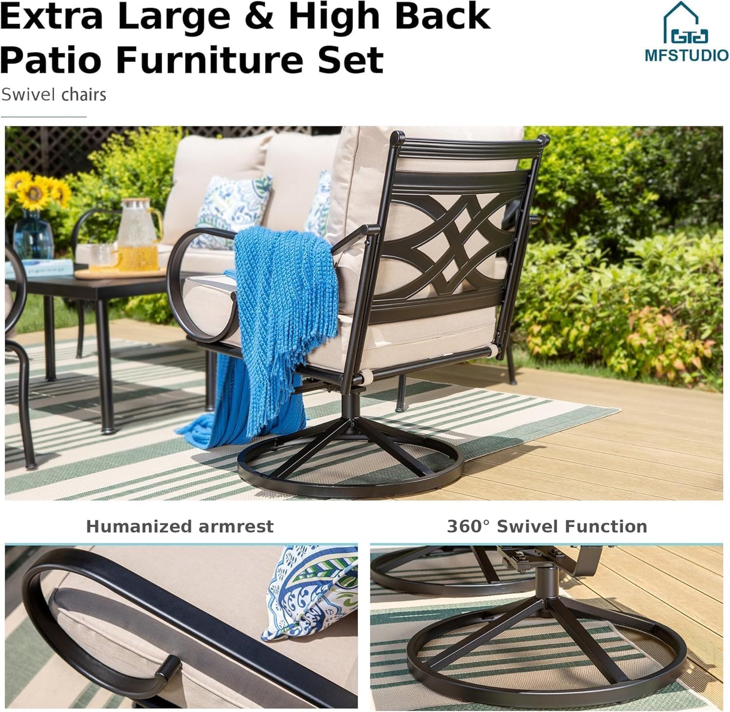 MFSTUDIO 7 Seats Metal Patio Conversation Furniture Sets, 6 Pieces Outdoor Sectional Sofa with 2 Swivel Chairs, 2 Fixed Chairs, 3-seat Sofa and Table for Outside Backyard Poolside Garden