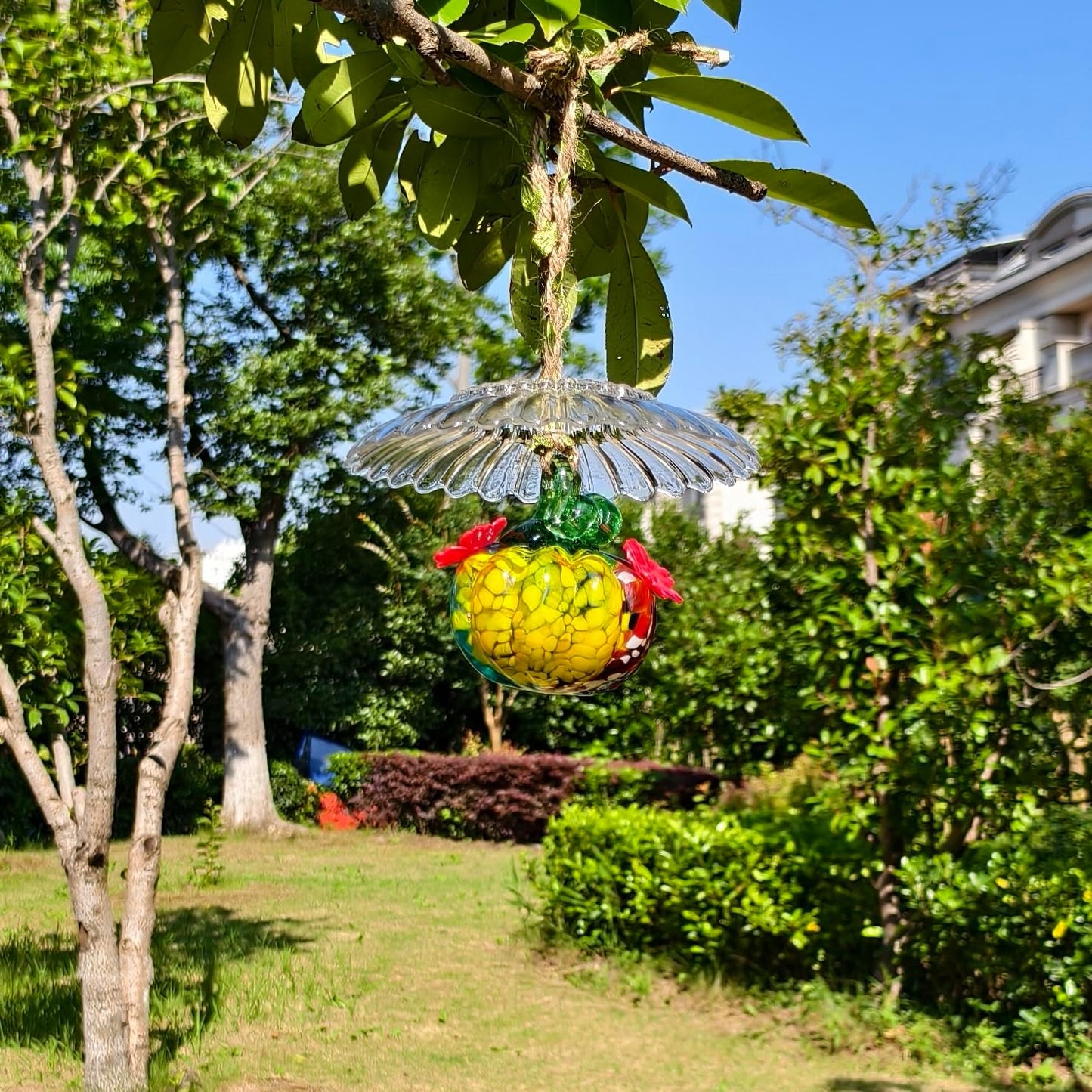 Small Glass Hummingbird Feeders for Outdoors Hanging + Rain Cover - Hand Blown Glass Pumpkin Nectar Feeding, 2 Flowers Feeding Ports, Decor for Garden/Backyard Outside, Multi Color