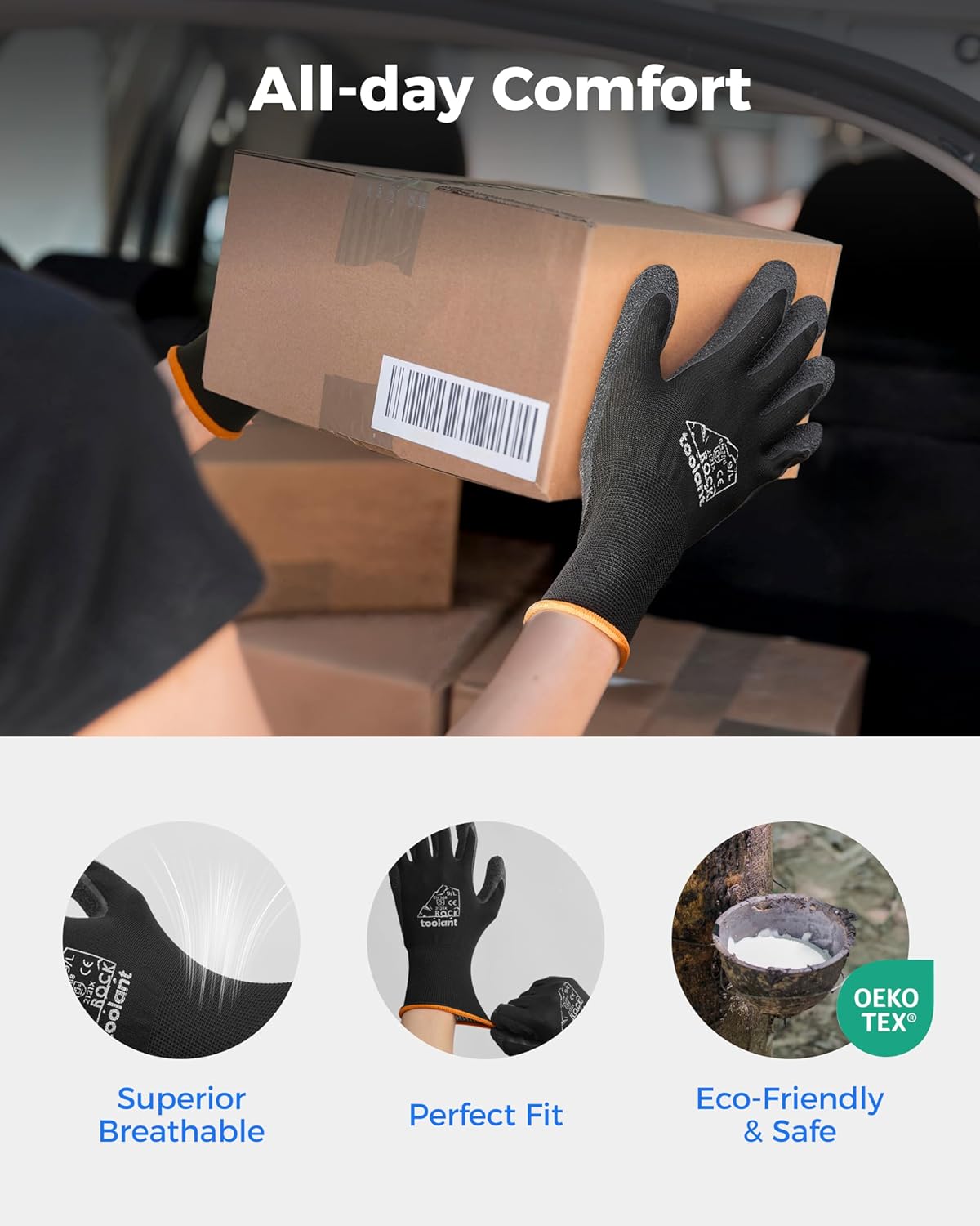 toolant Crinkle Latex Work Gloves Bulk, Rubber Coated Safety Work Gloves for Men and Women, 12 Pairs for Construction, Gardening, Warehouse (Black, Medium)