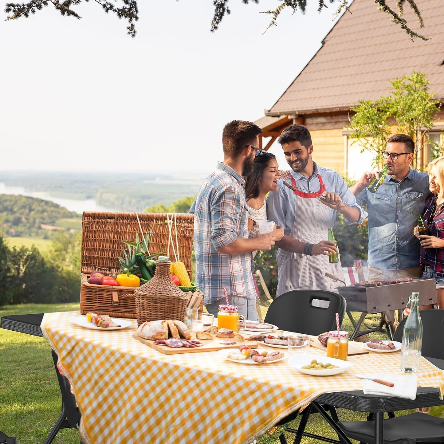 VINGLI 8 Foot Plastic Folding Table Portable Long Table for Indoor Outdoor Use Rectangular with Carrying Handle, Black