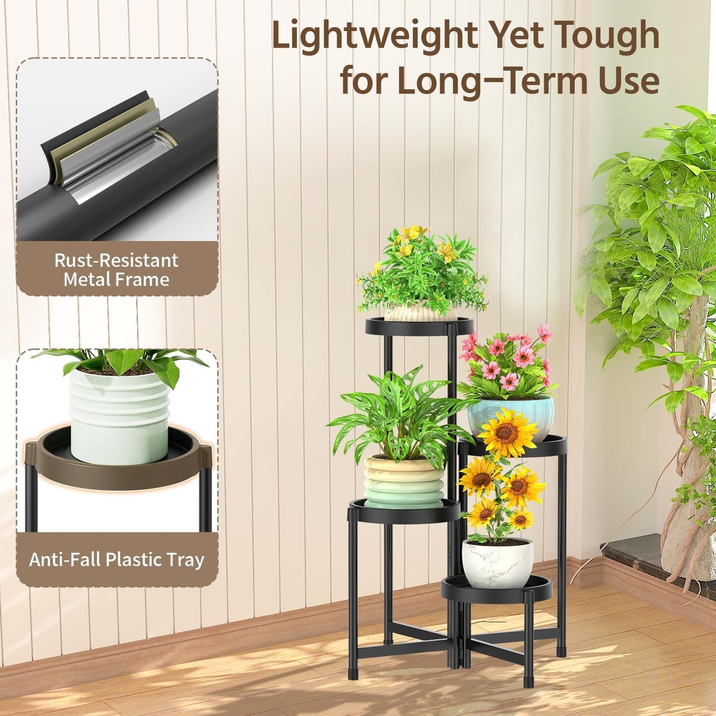 LASZOLA 4 Tiered Folding Plant Stand Indoor for Multiple Large Planter, Tall Heavy Duty Adjustable Rack with Rust Proof Plastic Shelving, Sturdy Vertical Tree Organizer for Narrow Inside Floor, Black