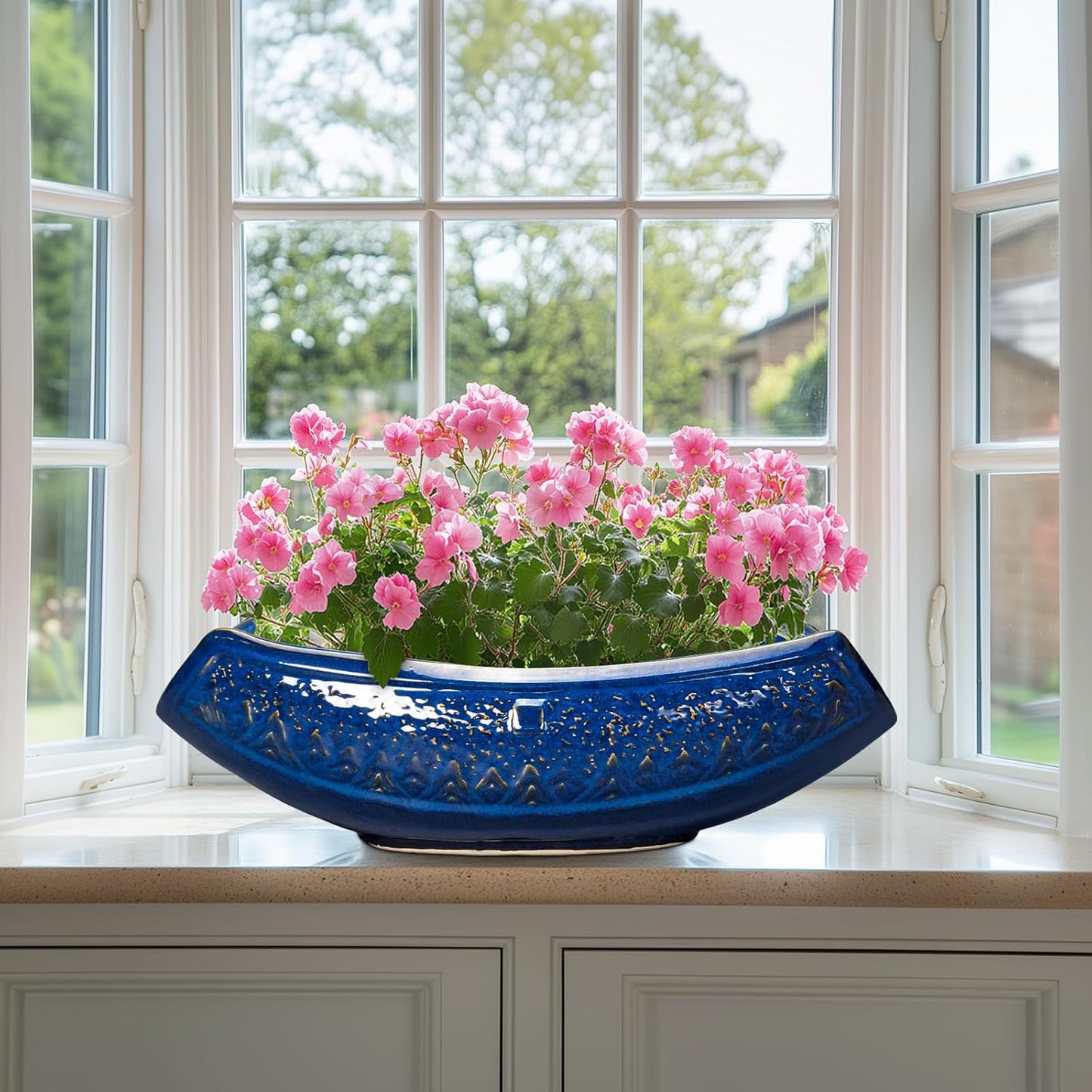 Bonsai Pots - 18 Inch Large Ceramic Succulent Pots for Indoor Outdoor, Bonsai Planter with Drainage Hole, Ceramic Flower Pot, Decorative Plant Pot, Gifts for Plant Lovers, Office Decor, Blue