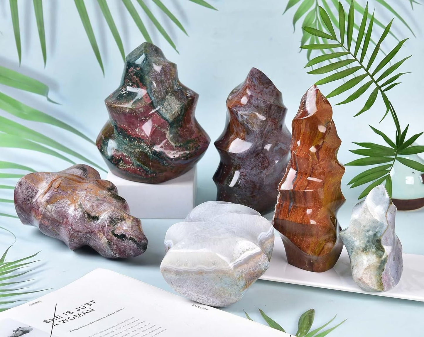AMOYSTONE Ocean Jasper Flame Shaped Stone Towers Obelisk Natural Healing Crystal Quartz Reiki Energy Decoration Home Office Decor 1.0-1.5LBS