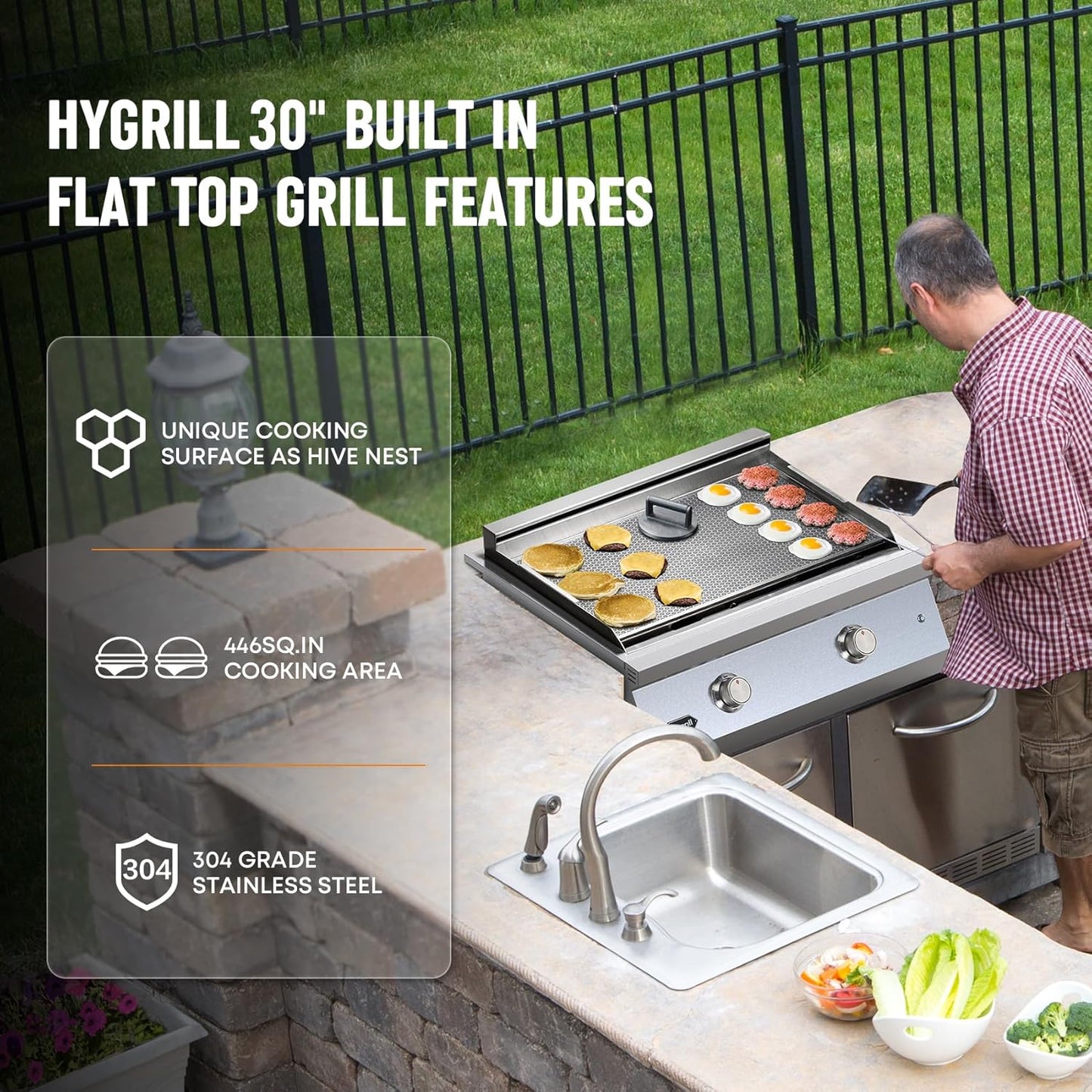 Hygrill 30-Inch Premium Built-In Liquid Propane Griddle for Outdoor Kitchen, Durable Stainless Steel 2-Burner Flat Top Grill with Lid and LED lights, 36000 BTUs