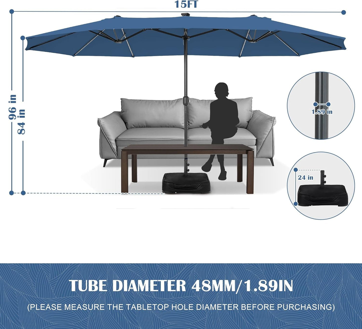 Sundale Outdoor Solar 144 LED 15 ft Patio Umbrella with Sandbag Base Included and Cover, Outdoor Double-Sided Umbrella, Navy