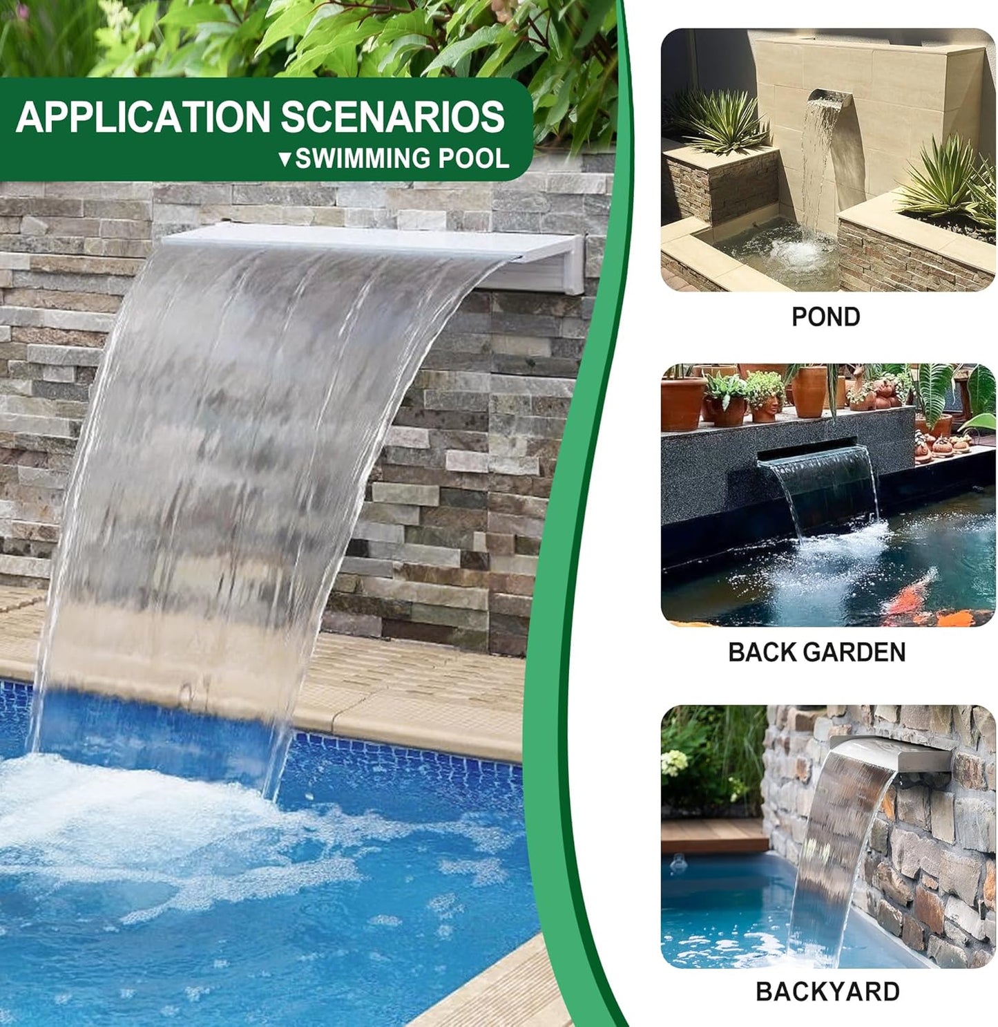 Waterfall Pool Fountain, LONGRUNNEW Stainless Steel Waterfall Spillway with Pipe Connector Kits for Outdoor/Indoor Decorative, 35.4 Inches Pool Water Feature for Garden Patio, Backyard Koi Pond Decor