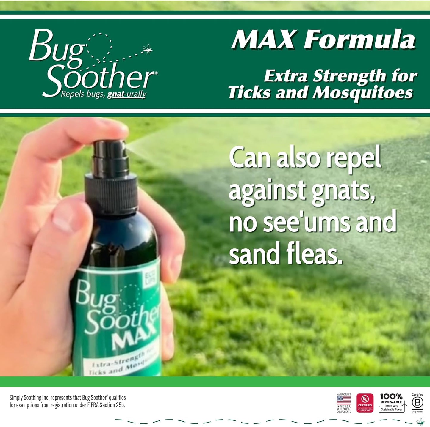 Bug Soother Max - Extra Strength Natural Gnat, Tick, and Mosquito Repellent, 4 fl oz Bug Spray Deterrent - DEET-Free - Safe for Adults & The Environment - Made in USA