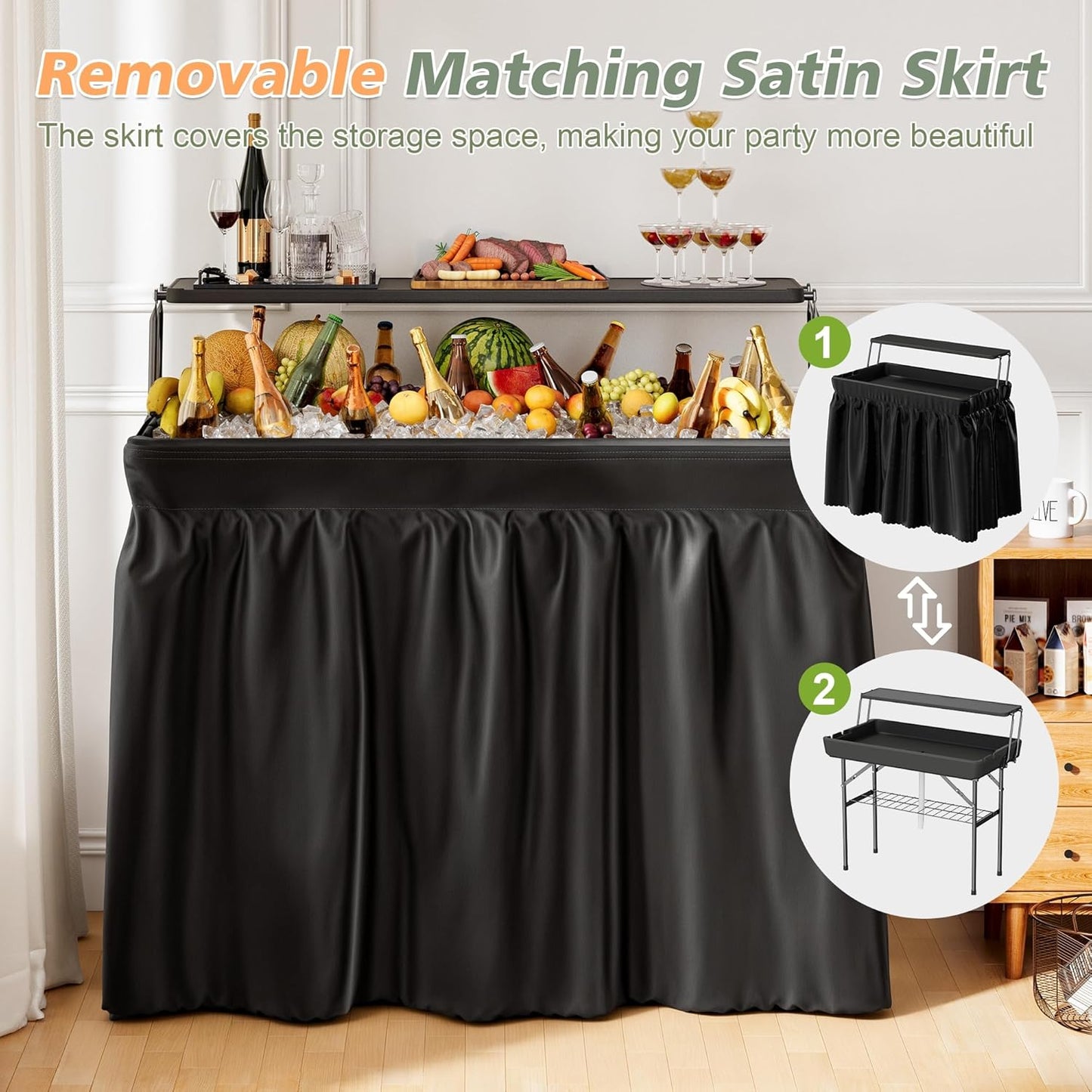 Outdoor Ice Cooler Folding Table with Extra Storage Shelf,Ice Tables for Parties with Drain,Cooler Server for Camping, Picnic, Wedding, BBQ, Black