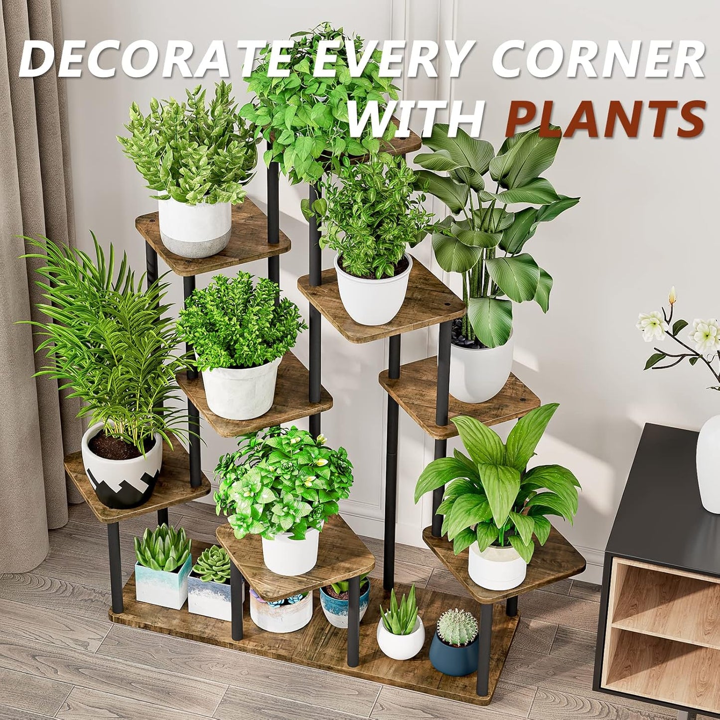AZERPIAN Plant Stand 9 Tier Indoor Metal Flower Shelf for Multiple Plants Corner Tall Flower Holders for Patio Garden Living Room Balcony Bedroom, Black+Rustic Brown