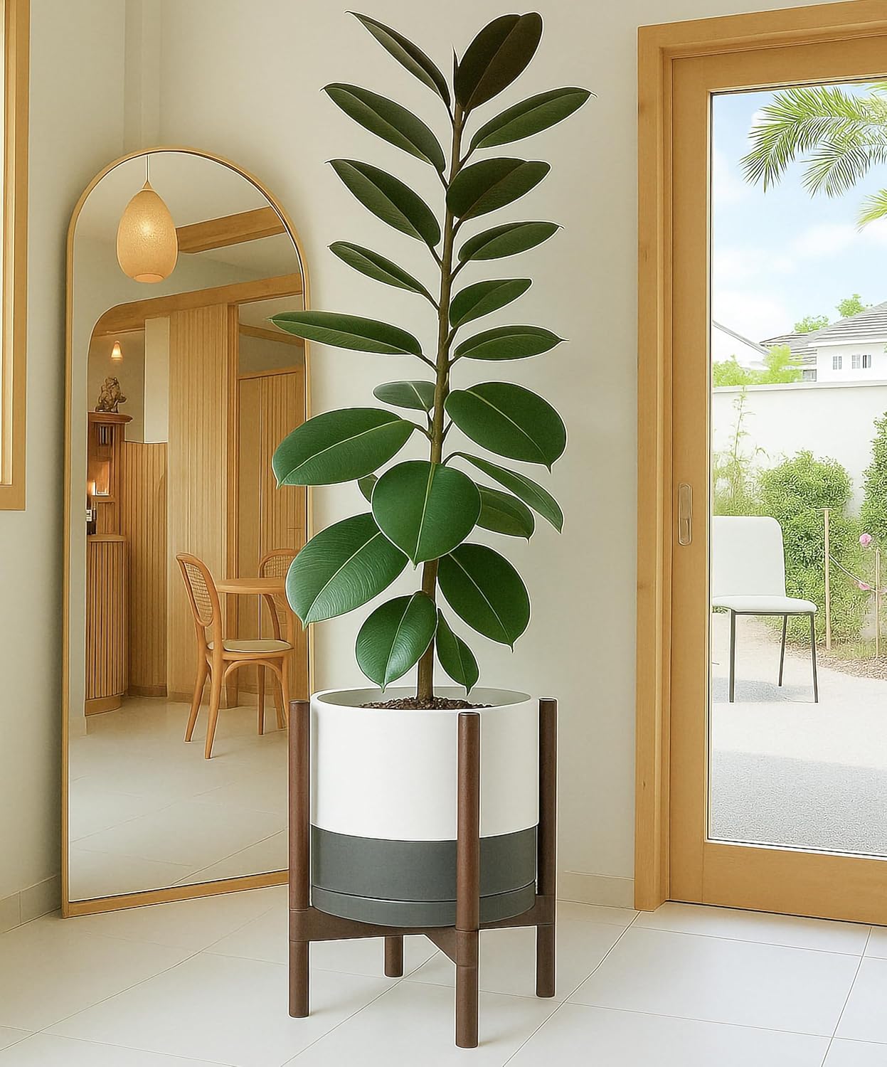 D'vine Dev Ceramic Planter with Walnut Color Stand - 12 Inch Modern Round Flower Pot with Wood Planter Holder, White/Grey, 55-B-W-6