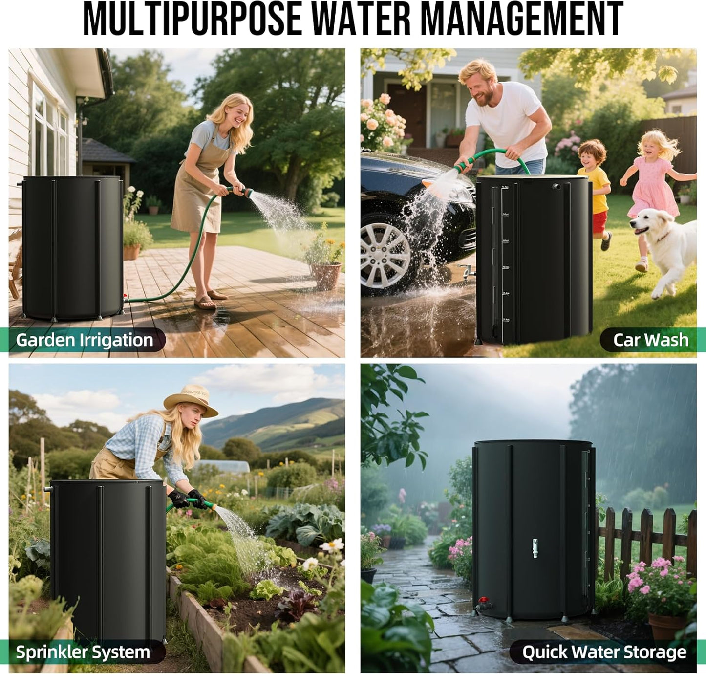 Collapsible Rain Barrel Water Collection System - 100 Gallon Portable Water Storage Tank,Foldable Rainwater Collect System Downspout, Water Catcher Container with Filter, Spigots&Overflow Kit,Black