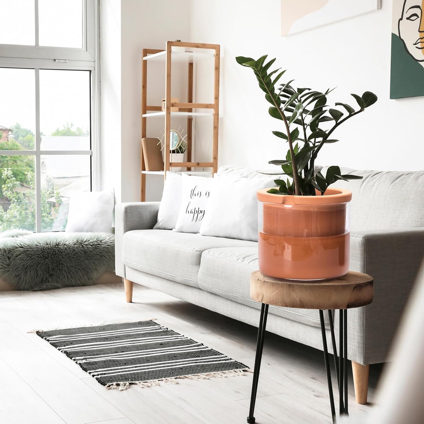 Phoenix Vine 8 Inch Self Watering Planter Pots, Design White Terracotta Pots for Plants, Indoor Cylinder Terra Cotta Pots with Glass Vase, Set of 1, 51-A-H-1