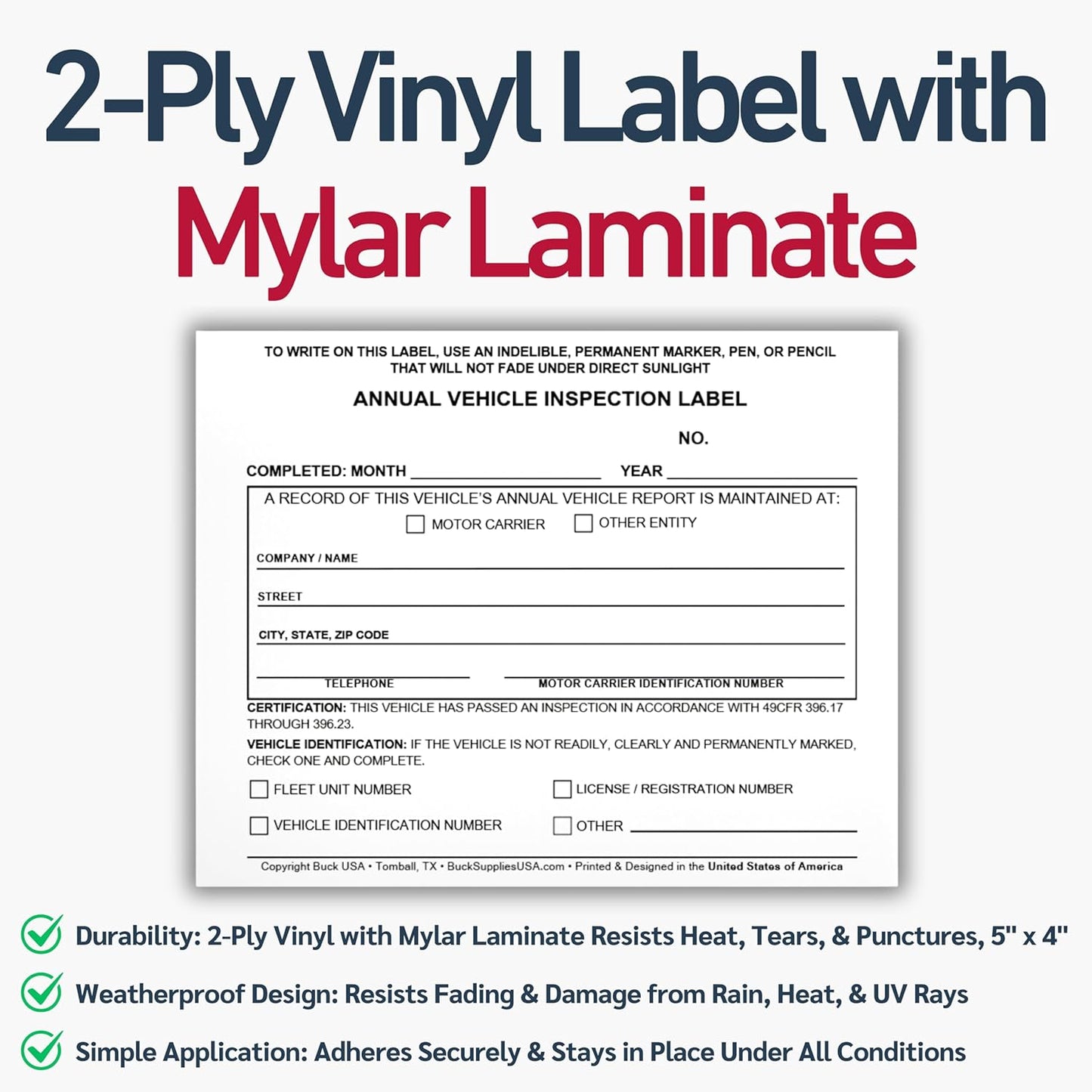5 Pack 3-Ply Carbonless Annual Vehicle Inspection Report Forms with FMCSA 2-Ply Mylar Laminate Adhesive Vinyl Labels, DOT Inspection Forms and Stickers, Shrink-Wrapped, 8.5" x 11.75" - Made in USA