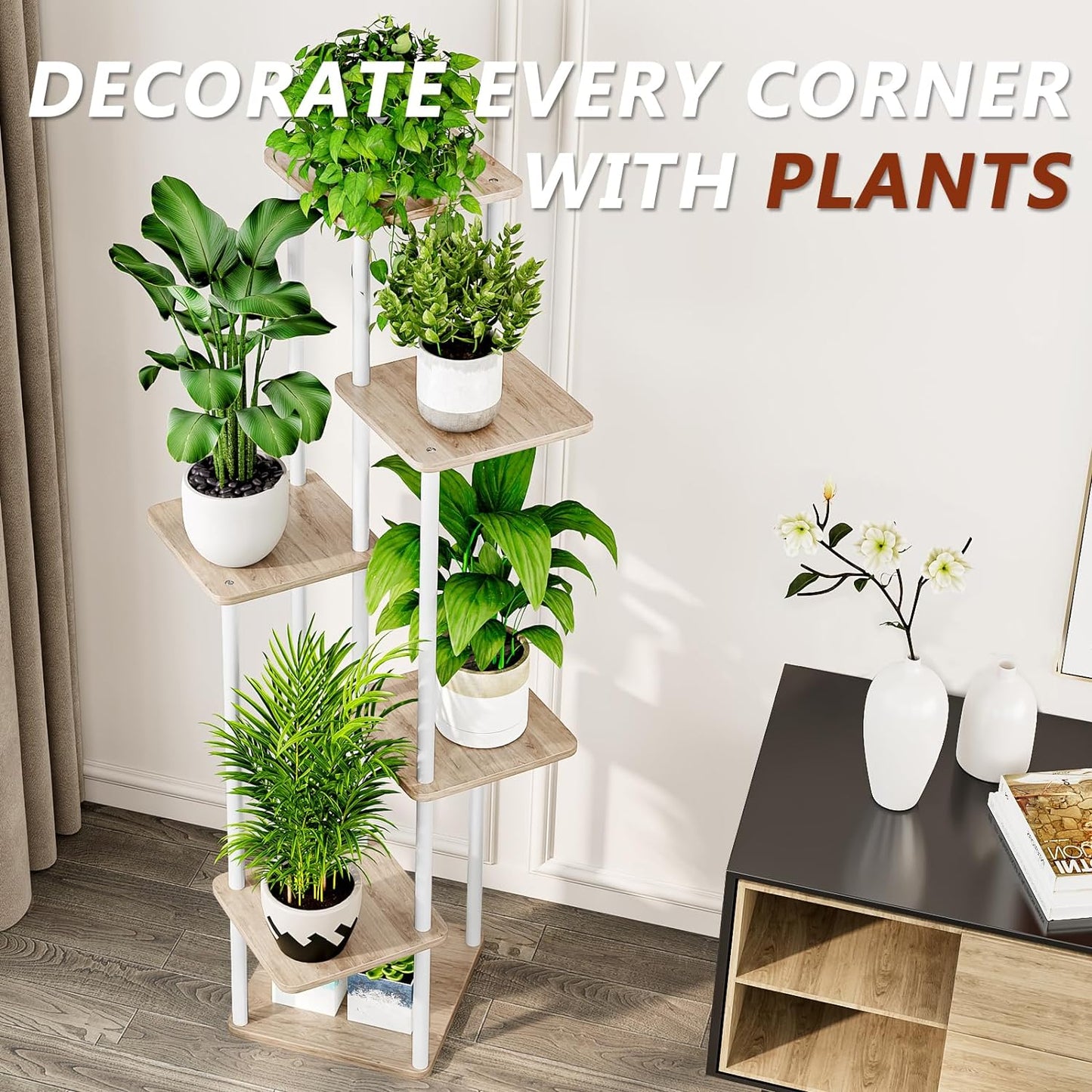 AZERPIAN Plant Stand 6 Tier Indoor Metal Flower Shelf for Multiple Plants Corner Tall Flower Holders for Patio Garden Living Room Balcony Bedroom, White