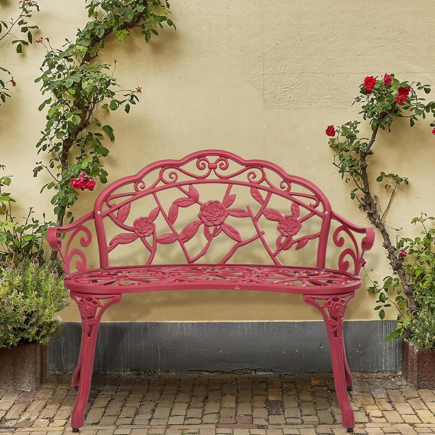VINGLI 38.5" Patio Park Garden Outdoor Metal Rose Bench,Cast Aluminium Frame Antique Finish Chair,Accented Lawn Front Porch Path Yard Decor Deck Furniture for 2 Person Seat(Red