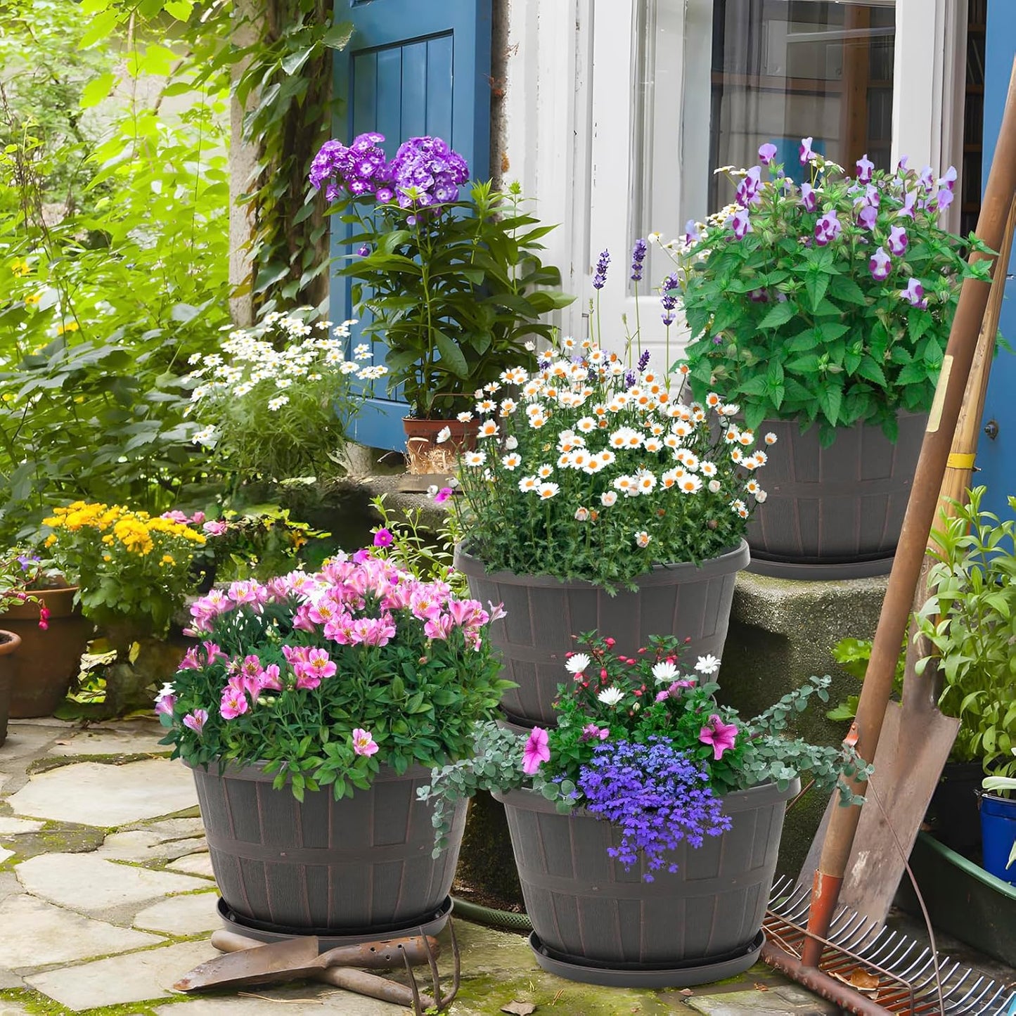 Quarut 14 Inch Plastic-Flower-Pot-for-Indoor-Plants, 4 Pack Large Outdoor Planter Pot with Drainage Holes & Saucers, Resin Decorative Garden Pots Planters(Brown)