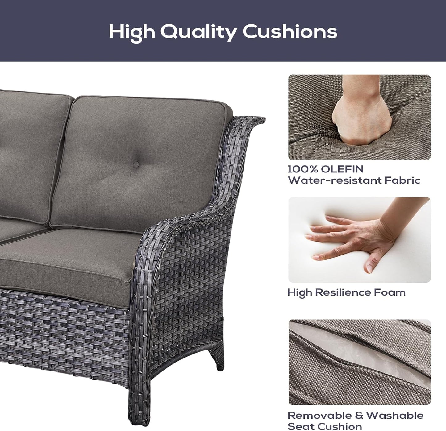 Outdoor Patio Furniture Set with Propane Fire Pit Table, 7 Pieces Wicker Patio Conversation Set with 2 Swivel Glider Rocker Chair Rattan Sofa Grey Cushion Perfect for Casual Gathering