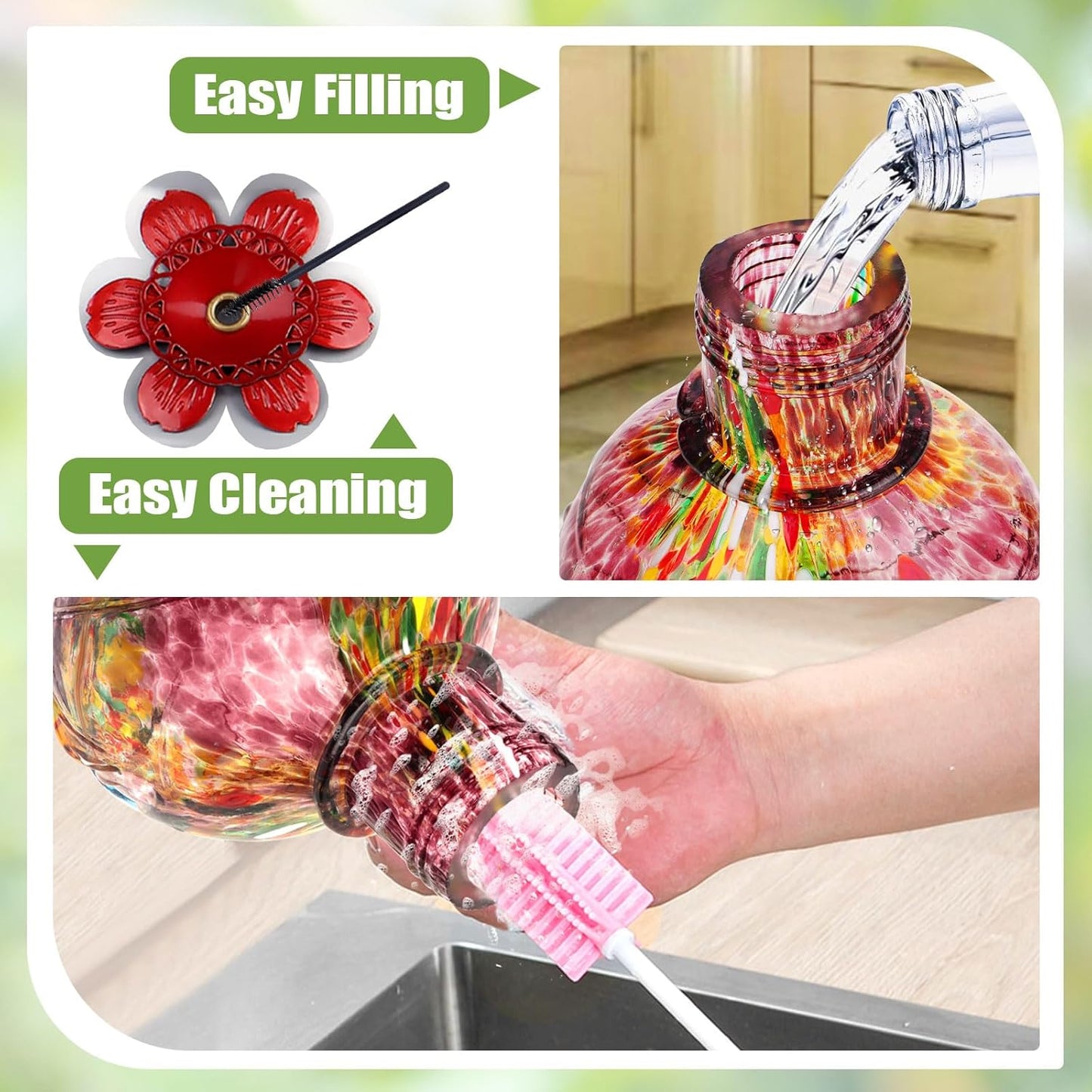 BOLITE Hummingbird Feeder, Hand Blown Glass Hummingbird Feeders for Outdoors Hanging, with Ant Moat and 5 Feeding Ports, 22 Ounces, Peony Flower Shape, Purple, Gifts for Women Men, Gifts for Mom Dad