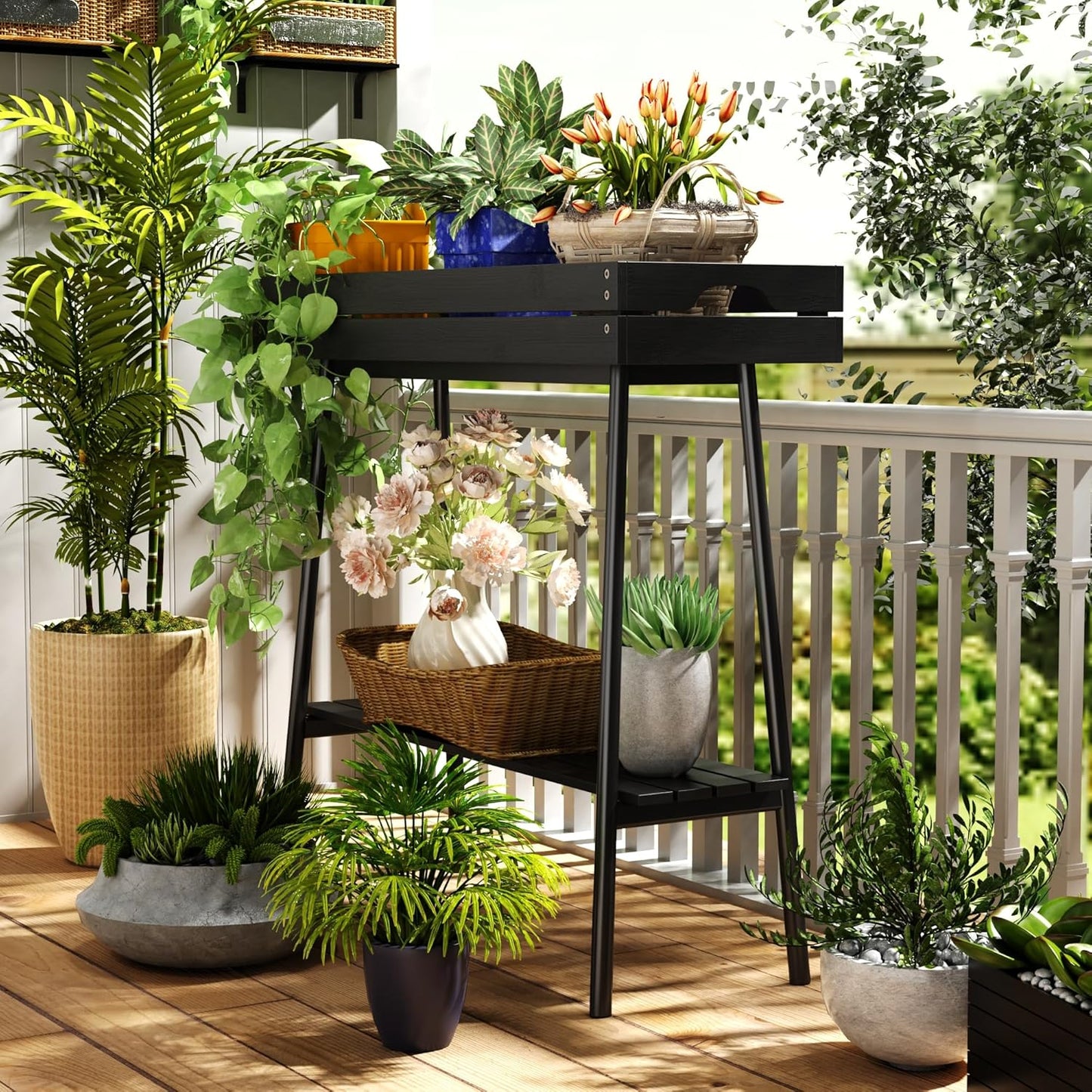 BAMBANG Bamboo Plant Stand Indoor, 2 Tier Small Plant Table, Tall Plant Stand for Indoor Plants, Window Sill Plant Shelf, Flower Pot Holder Plant Bench Plant Rack for Living Room Outdoor, Black