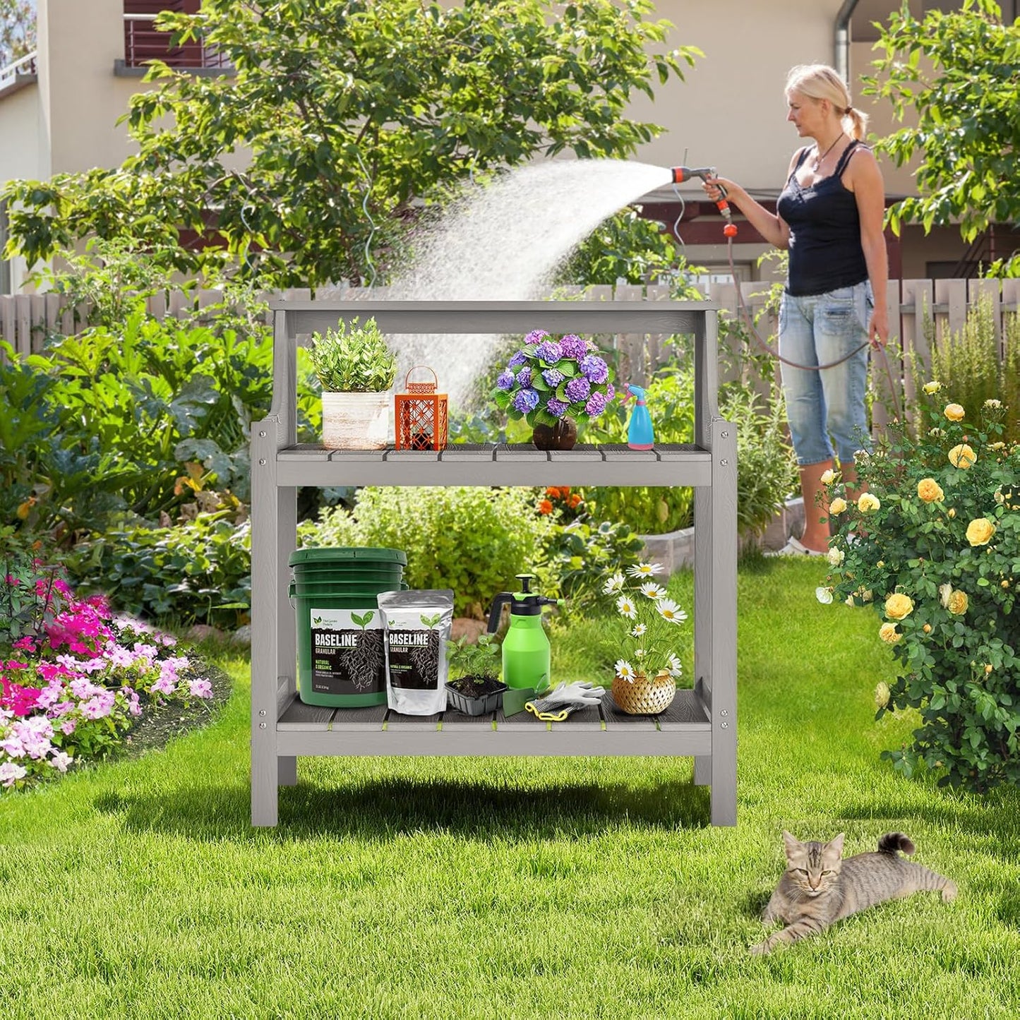 Potting Bench Table, HDPS Potting Bench with 4 Side Hooks, All-Weather Garden Table Work Station, Outdoor Potting Table for Porch, No Rust, No Fade, No Break, 360lbs Capacity (Grey, Large)