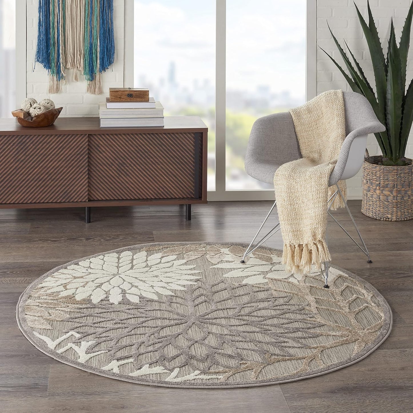 Nourison Aloha Indoor/Outdoor Area Rug 5'3", Natural, Round Tropical Botanical Easy-Cleaning Non Shedding Bed Room Living Room Dining Room Deck Backyard Patio