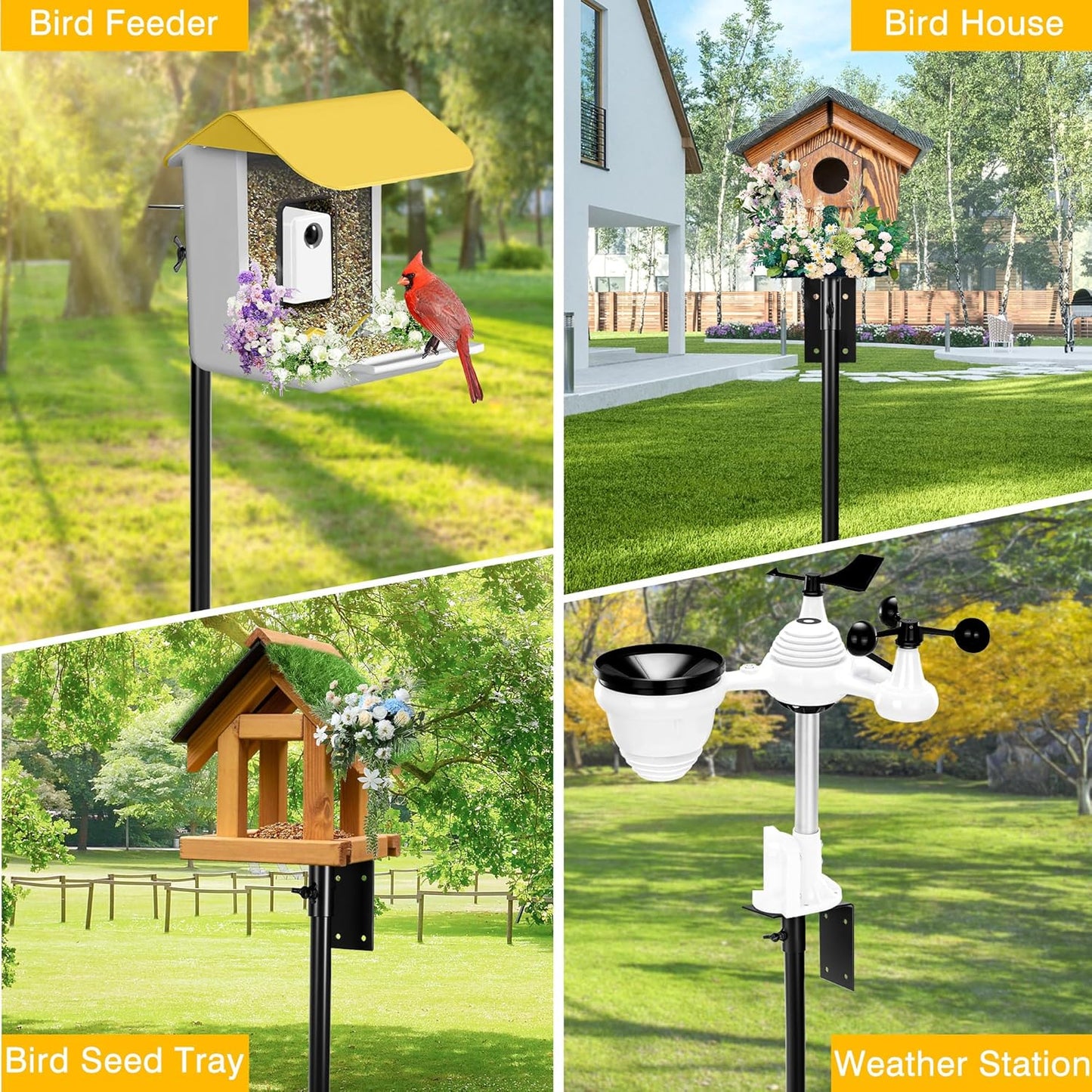 Bird Feeder Pole, 79 Inch Heavy Duty Bird House Pole Mount Kit for Outdoors, Adjustable Feeding Stand, with 2-Hooks, Metal Squirrel Baffle and 5-Prong Base, Black