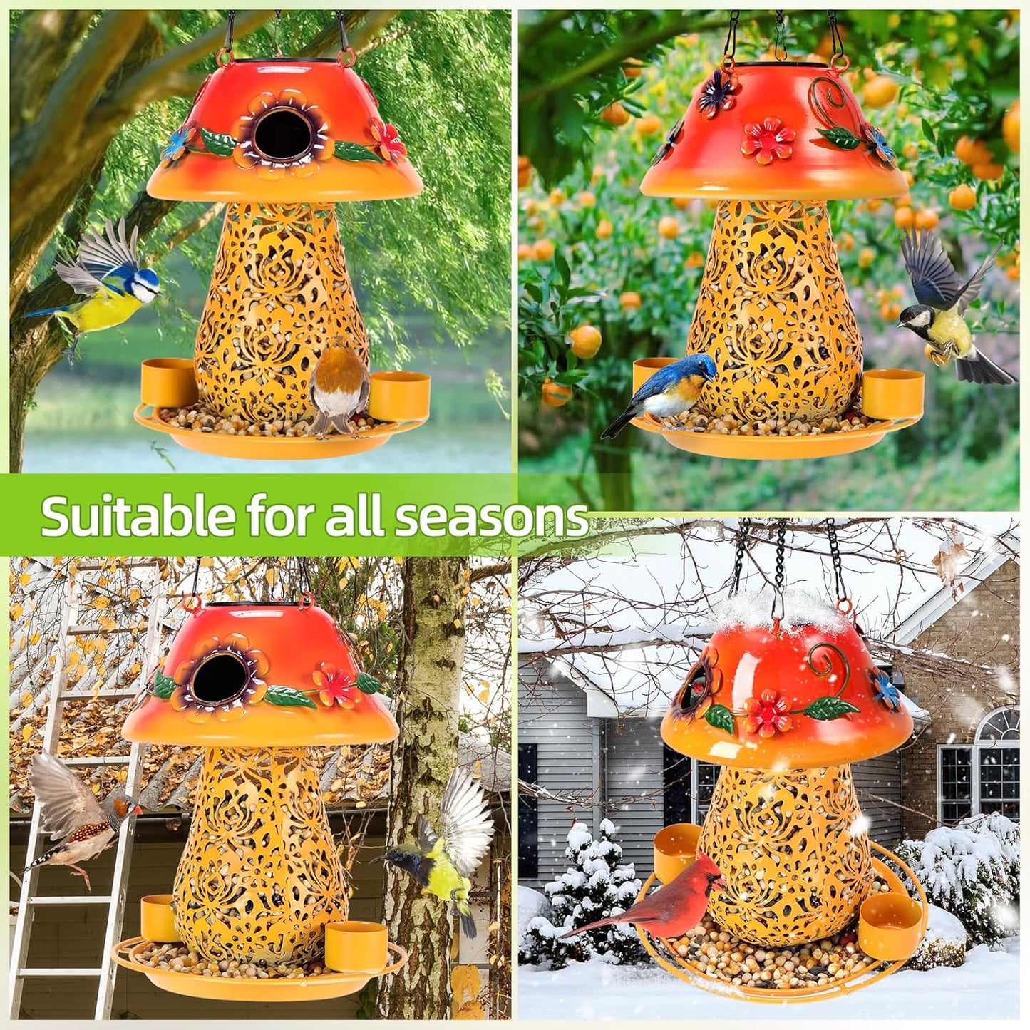 Mushroom Solar Bird Feeders for Outdoors Hanging Metal Wild Bird Feeder Garden Lantern with S Hook for Garden Decoration Orange