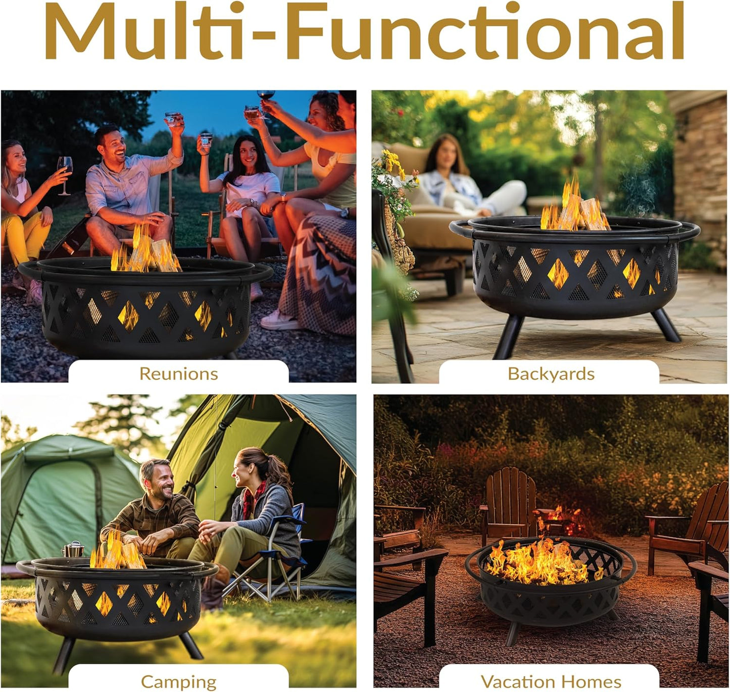 Sunnydaze Crossweave Outdoor Fire Pit - Wood-Burning Fire Pit for Outside with Spark Screen, Poker and Round Cover - 36-Inch - Black