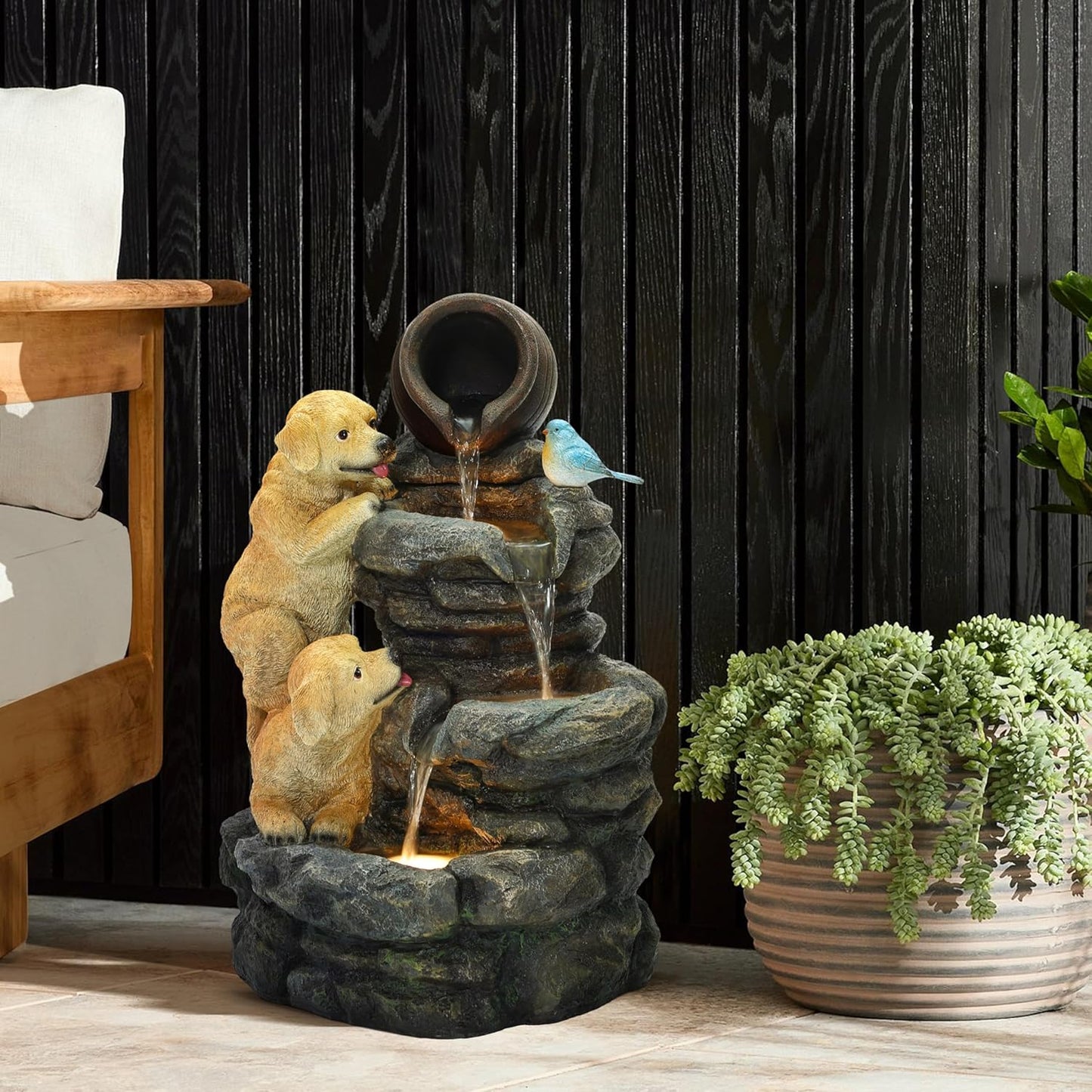 LuxenHome Outdoor Water Fountain, 26 Inch Puppy and Rock Resin Water Fountains Indoor with LED Lights, Farmhouse Waterfall Outdoor, Indoor Fountains and Waterfalls for Patio, Garden Decor