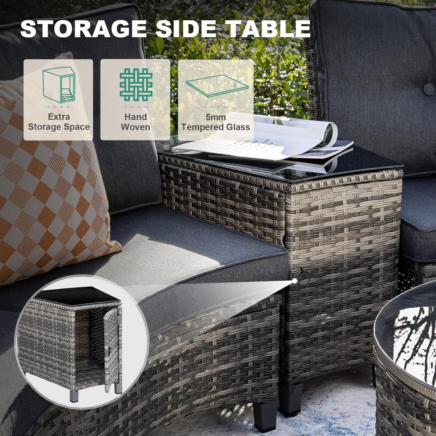 9 Piece Outdoor Patio Furniture Set, Half-Moon Curved Sectional Sofa Rattan Conversation Set with 2 Wood Armrests Swivel Rocker Chairs, Round Coffee Table & Side Table(Grey)