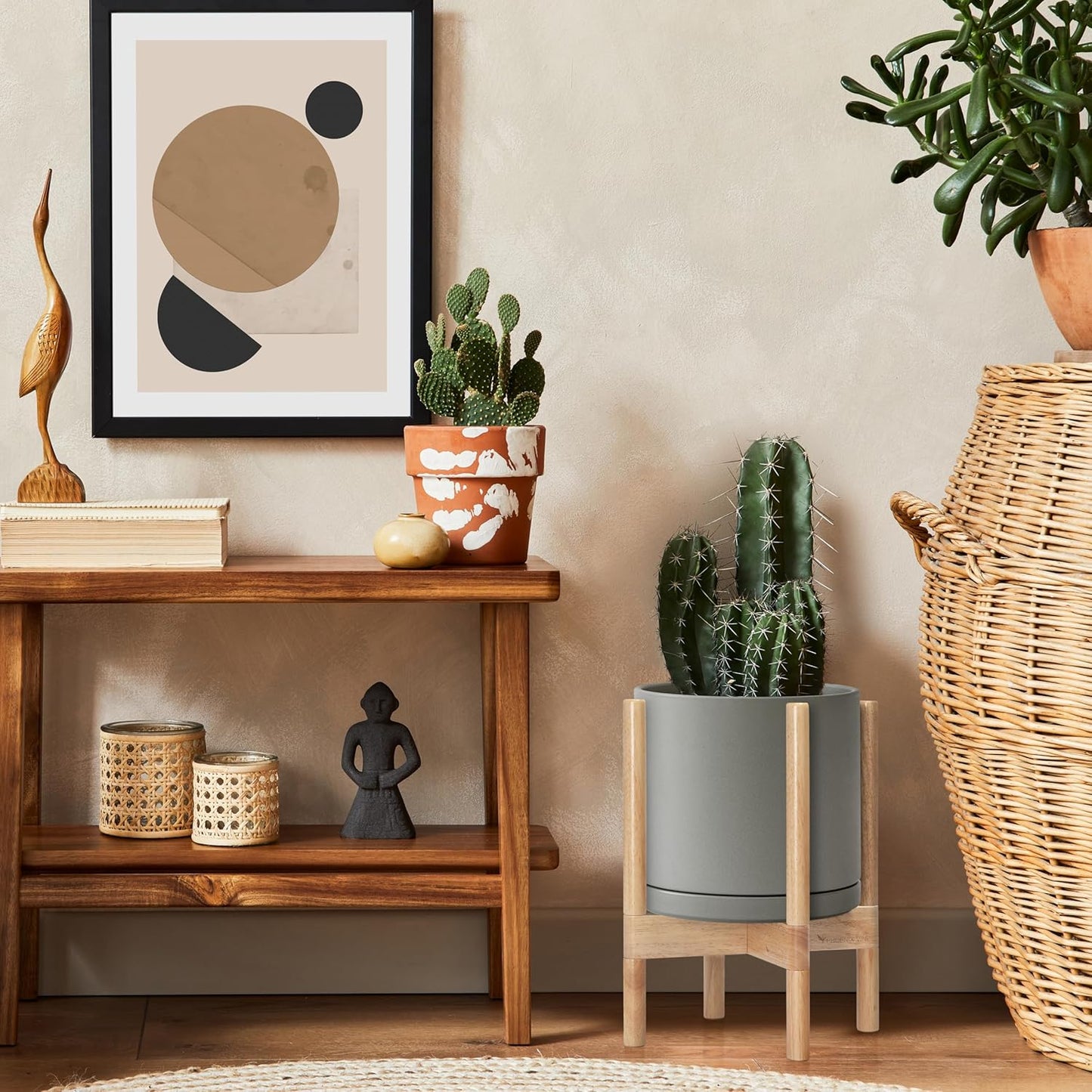 D'vine Dev Ceramic Planter with Natural Stand - 10 Inch Modern Round Flower Pot with Wood Planter Holder, Grey, 55-B-K-3