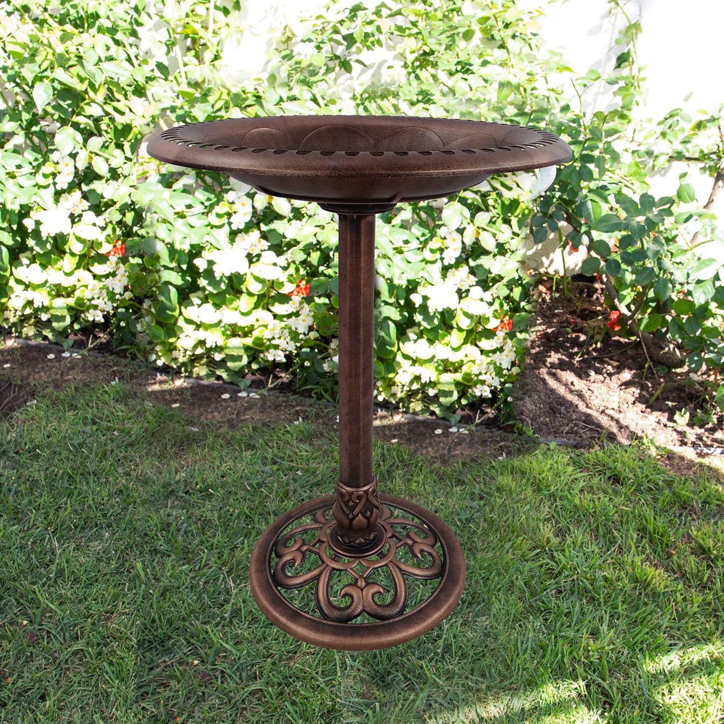 Alpine Corporation TEC116BZ Outdoor Pedestal Birdbath w/Scrollwork Base and Stakes, Elegant Garden Birdbath, 28" H, Bronze