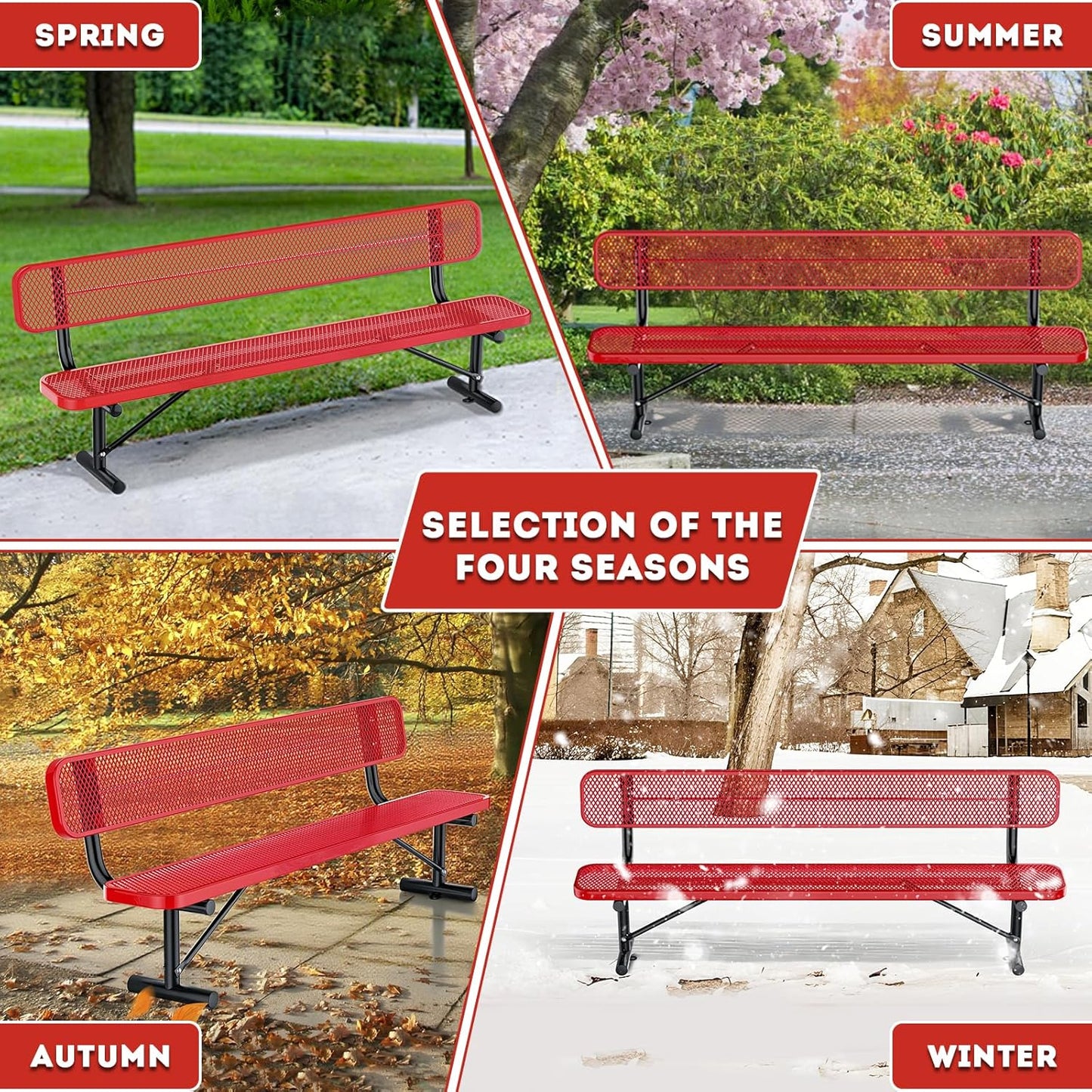 8Ft Heavy Duty Park Bench with Back Portable Frame, Outdoor Steel Bench with Backrest, Expanded Metal Mesh Bench for Lawn, Park, Deck, Garden, Patio, Porch, Red